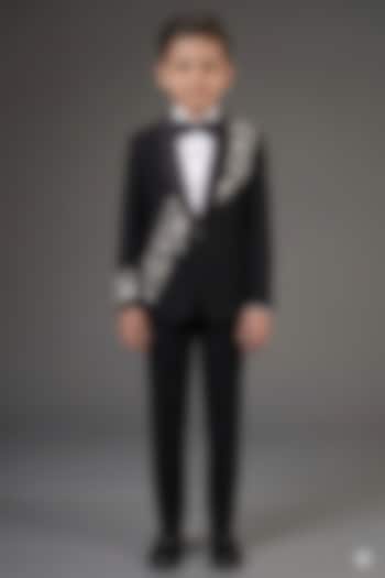 Black Jacquard Thread Embroidered Tuxedo Set For Boys by Zoop Kids at Pernia's Pop Up Shop