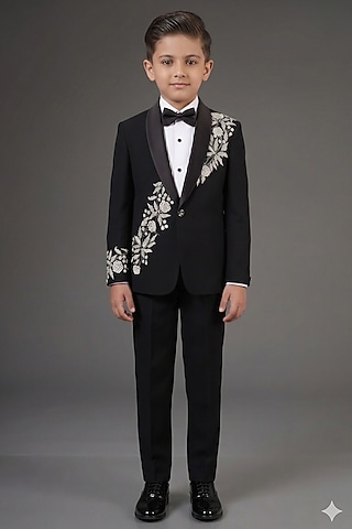 Black Jacquard Thread Embroidered Tuxedo Set For Boys by Zoop Kids