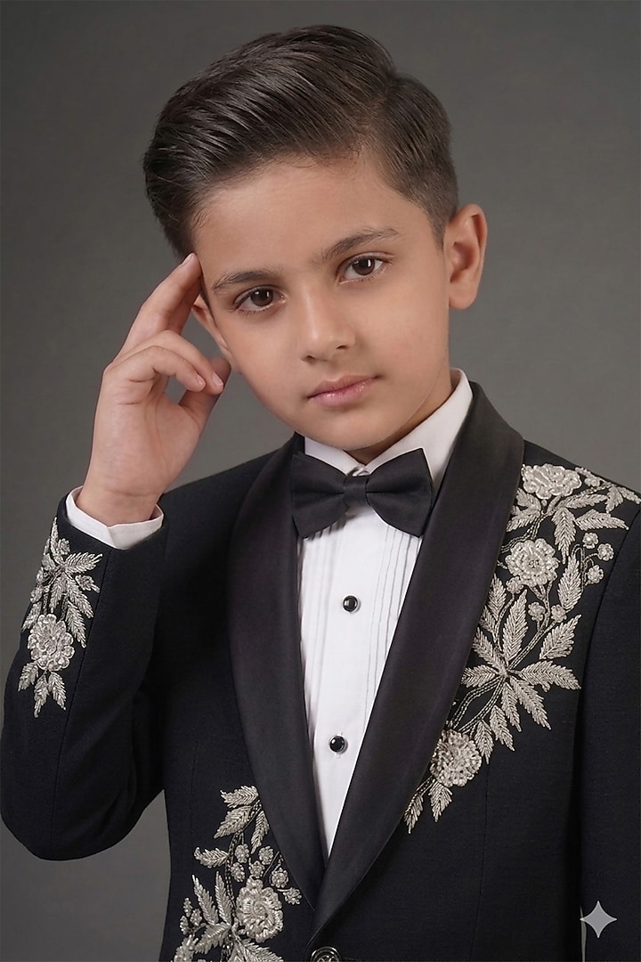 Black Jacquard Thread Embroidered Tuxedo Set For Boys by Zoop Kids at Pernia's Pop Up Shop