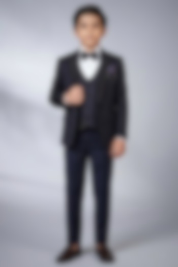 Blue Jacquard Embroidered Tuxedo Set For Boys by Zoop Kids at Pernia's Pop Up Shop