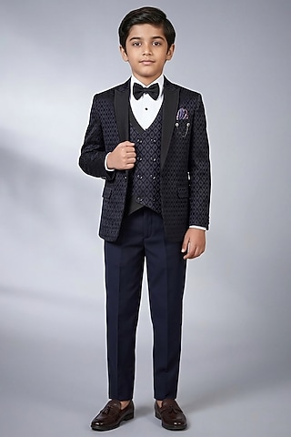 Blue Jacquard Embroidered Tuxedo Set For Boys by Zoop Kids