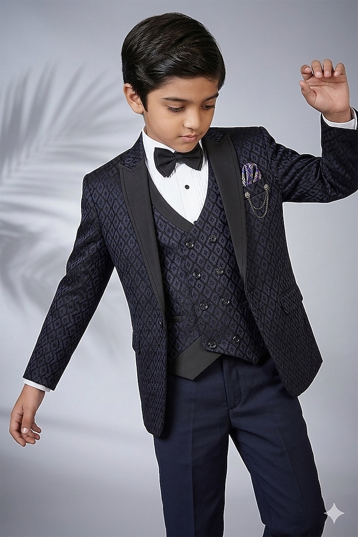 Blue Jacquard Embroidered Tuxedo Set For Boys by Zoop Kids at Pernia's Pop Up Shop