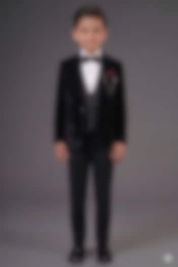 Black Micro Velvet Embroidered Tuxedo Set For Boys by Zoop Kids at Pernia's Pop Up Shop