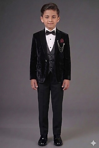 Black Micro Velvet Embroidered Tuxedo Set For Boys by Zoop Kids