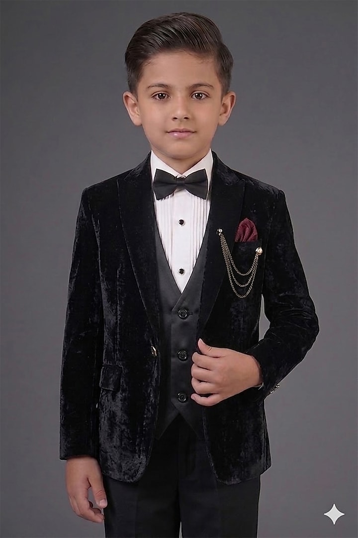 Black Micro Velvet Embroidered Tuxedo Set For Boys by Zoop Kids at Pernia's Pop Up Shop