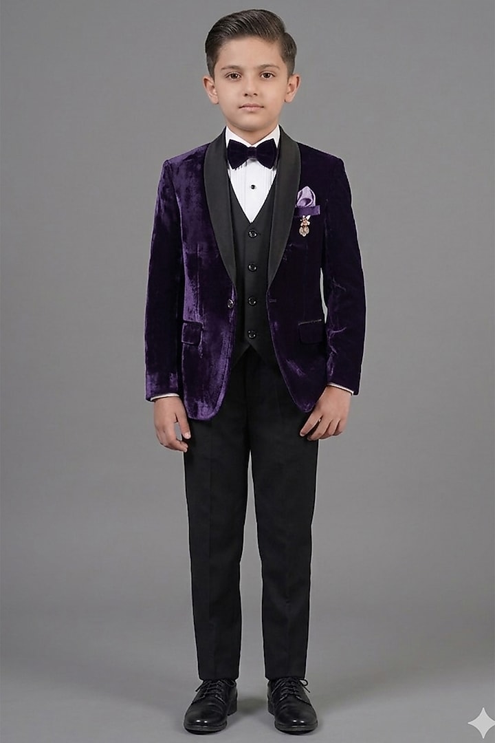 Purple Micro Velvet Tuxedo Set For Boys by Zoop Kids at Pernia's Pop Up Shop