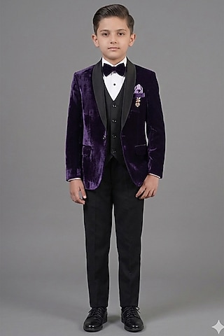 Purple Micro Velvet Tuxedo Set For Boys by Zoop Kids