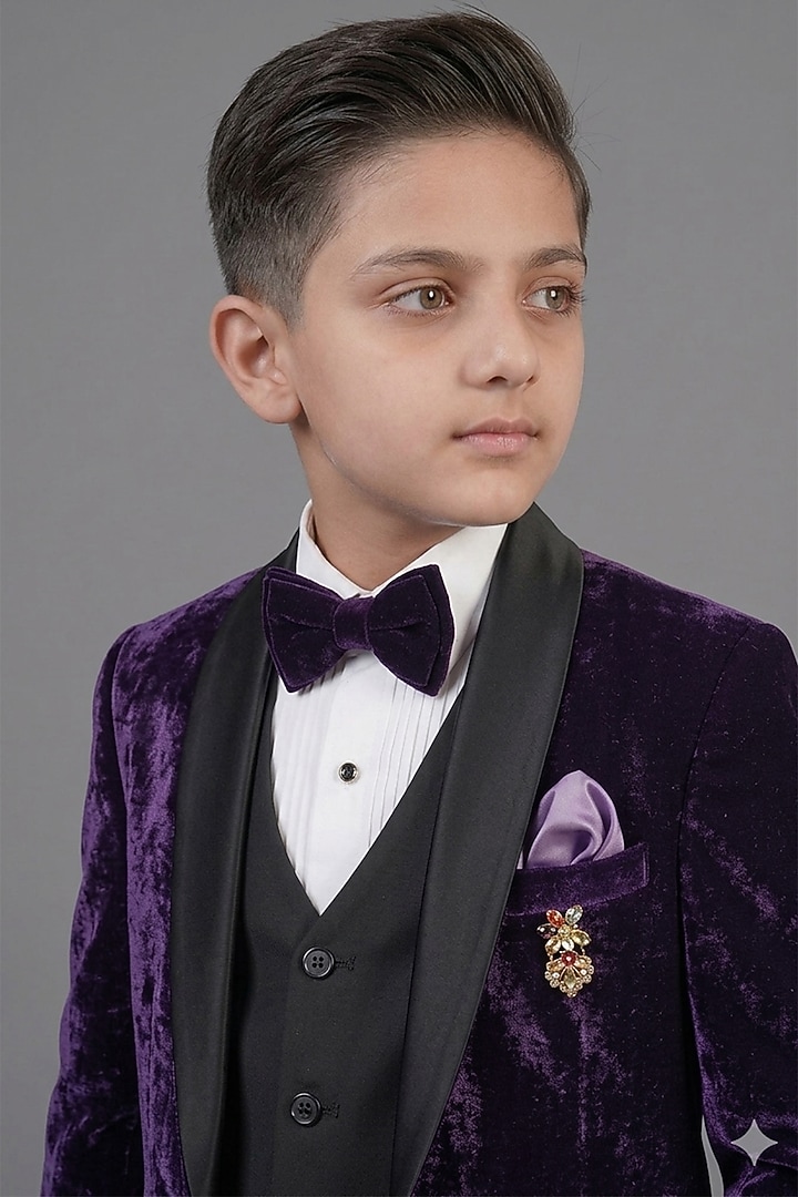 Purple Micro Velvet Tuxedo Set For Boys by Zoop Kids at Pernia's Pop Up Shop