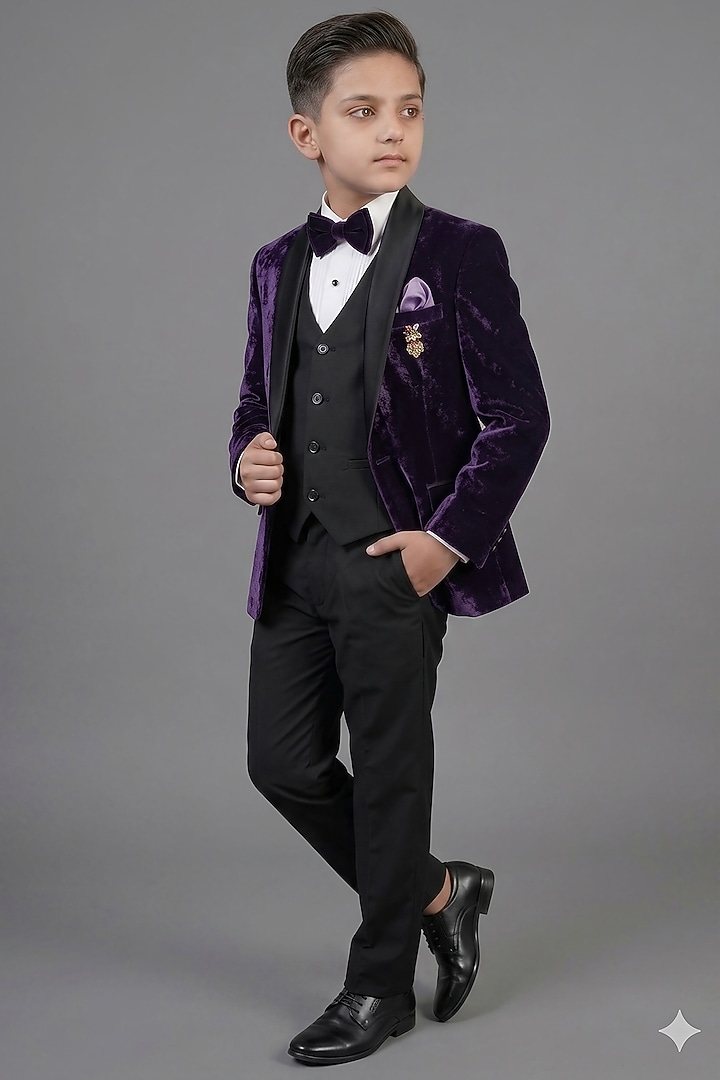 Purple Micro Velvet Tuxedo Set For Boys by Zoop Kids at Pernia's Pop Up Shop