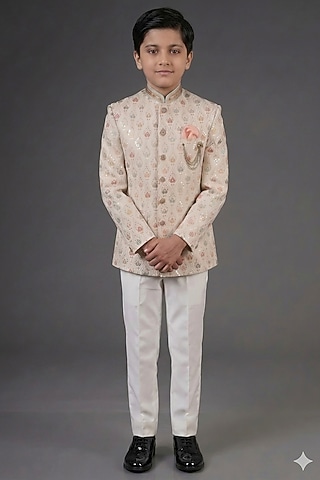 Multi-Colored Cotton Jacquard Hand Embroidered Bandhgala Set For Boys by Zoop Kids