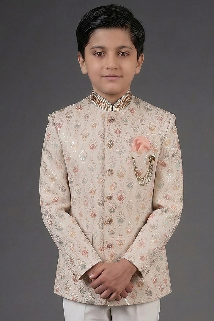 Multi-Colored Cotton Jacquard Hand Embroidered Bandhgala Set For Boys by Zoop Kids at Pernia's Pop Up Shop