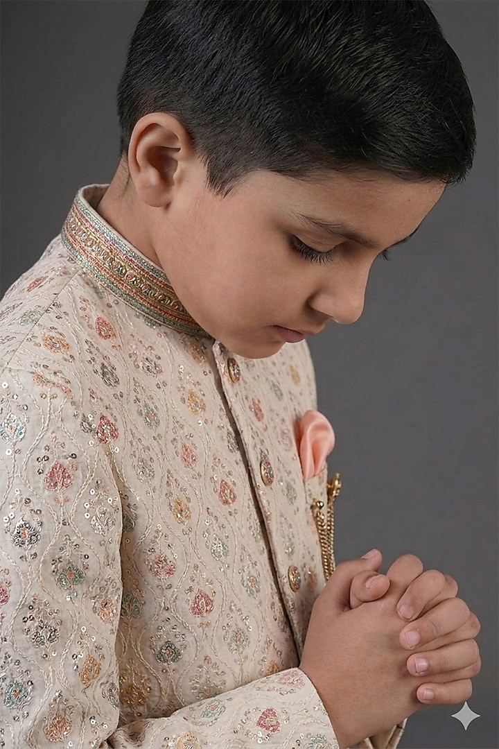 Multi-Colored Cotton Jacquard Hand Embroidered Bandhgala Set For Boys by Zoop Kids at Pernia's Pop Up Shop