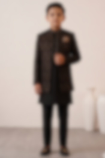 Black Micro Velvet Embroidered Indowestern Set For Boys by Zoop Kids at Pernia's Pop Up Shop
