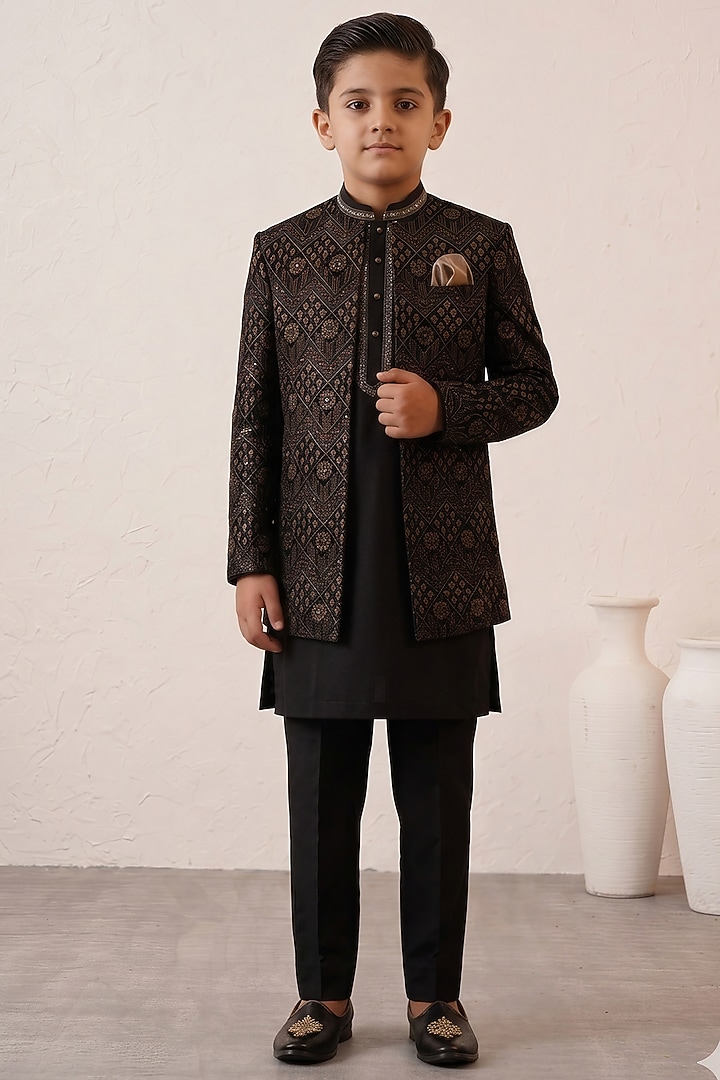 Black Micro Velvet Embroidered Indowestern Set For Boys by Zoop Kids at Pernia's Pop Up Shop