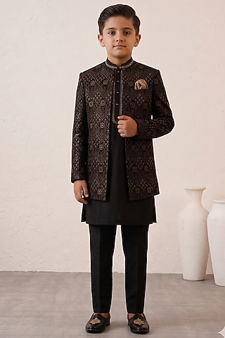 Black Micro Velvet Embroidered Indowestern Set For Boys by Zoop Kids