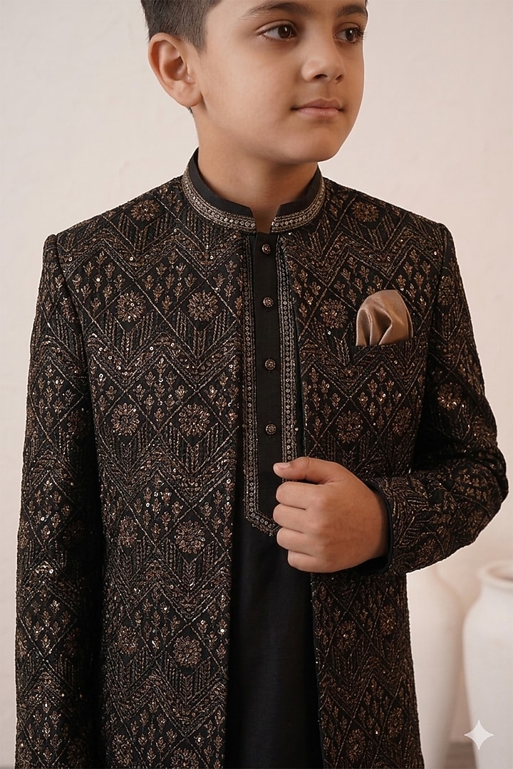 Black Micro Velvet Embroidered Indowestern Set For Boys by Zoop Kids at Pernia's Pop Up Shop