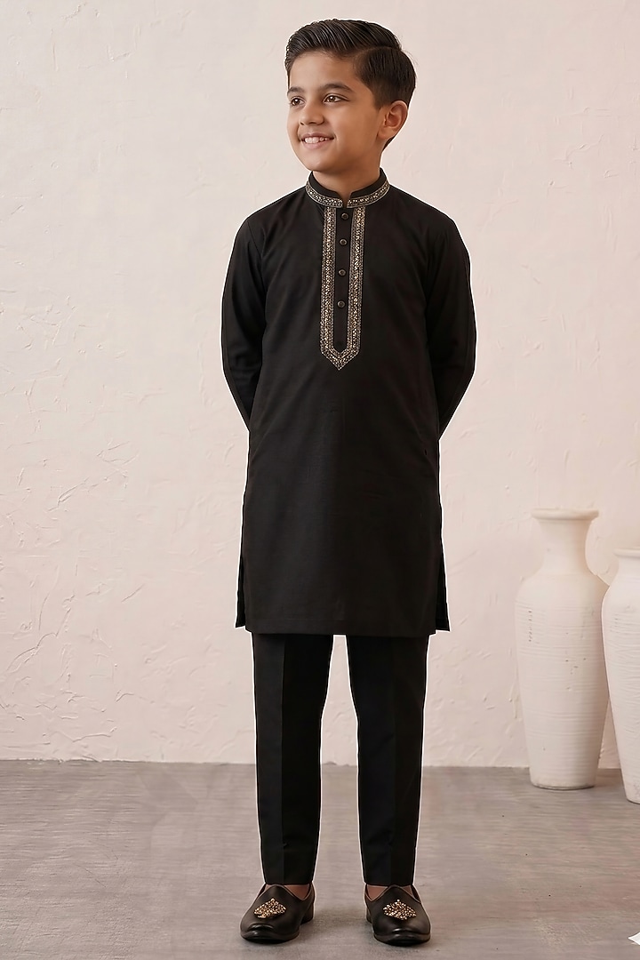 Black Micro Velvet Embroidered Indowestern Set For Boys by Zoop Kids at Pernia's Pop Up Shop