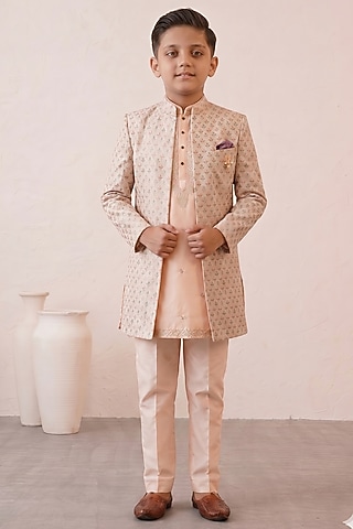 Peach Embroidered Jacquard Indowestern Set For Boys by Zoop Kids