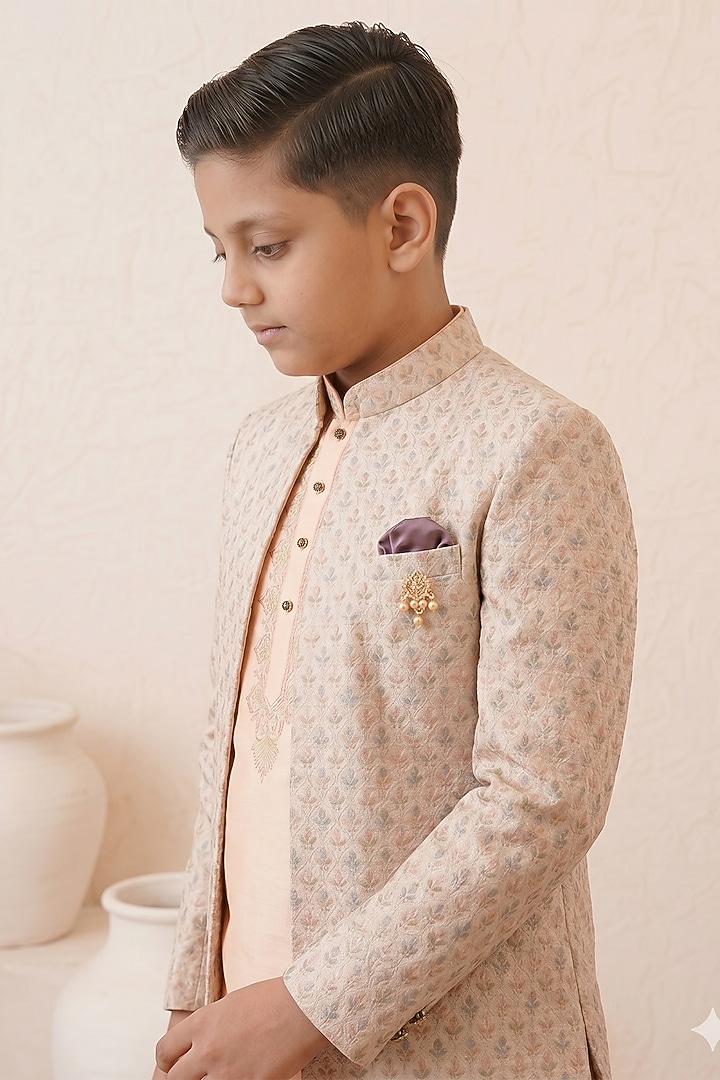 Peach Embroidered Jacquard Indowestern Set For Boys by Zoop Kids at Pernia's Pop Up Shop