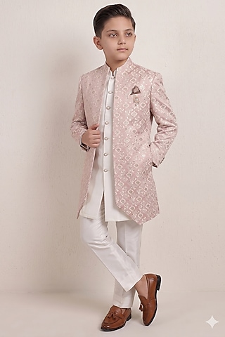 Pink Embroidered Jacquard Indowestern Set For Boys by Zoop Kids