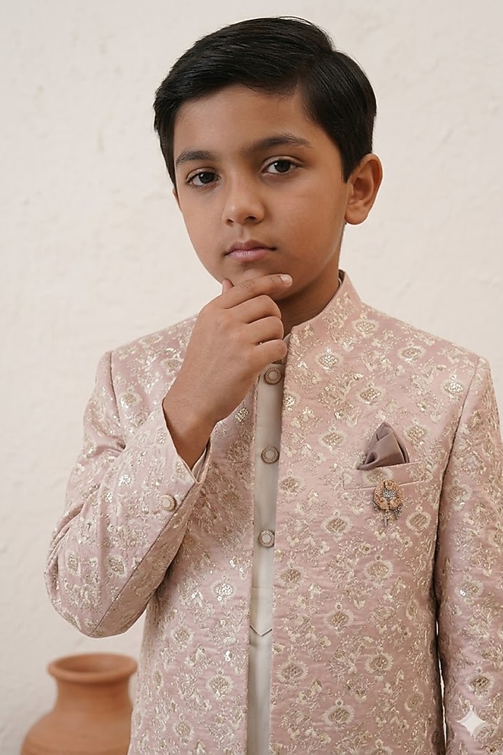 Pink Embroidered Jacquard Indowestern Set For Boys by Zoop Kids at Pernia's Pop Up Shop