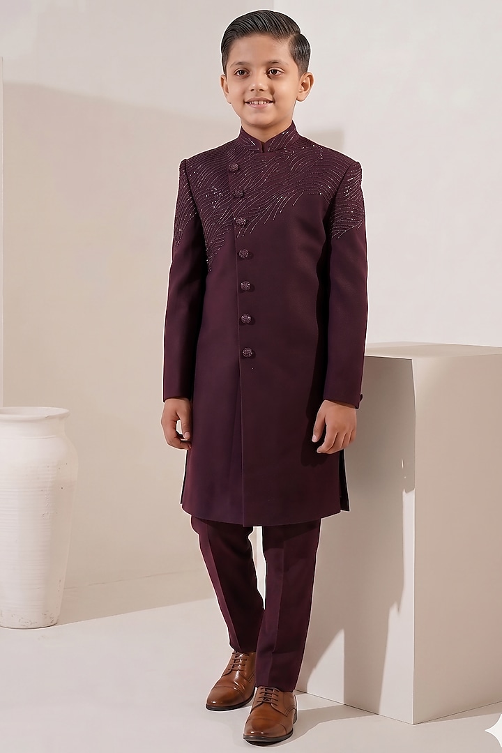 Wine Japanese Stretch Hand Embellished Angrakha-Style Indowestern Set For Boys by Zoop Kids at Pernia's Pop Up Shop
