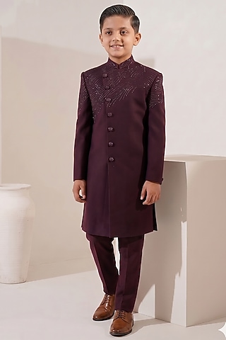 Wine Japanese Stretch Hand Embellished Angrakha-Style Indowestern Set For Boys by Zoop Kids