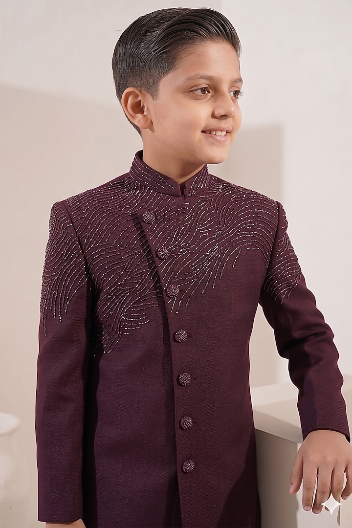 Wine Japanese Stretch Hand Embellished Angrakha-Style Indowestern Set For Boys by Zoop Kids at Pernia's Pop Up Shop