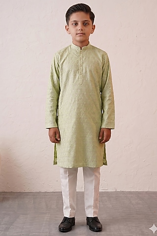 Green Banarasi Cotton Silk Thread Embroidered Kurta Set For Boys by Zoop Kids