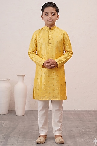 Yellow Banarasi Cotton Silk Thread Embroidered Kurta Set For Boys by Zoop Kids