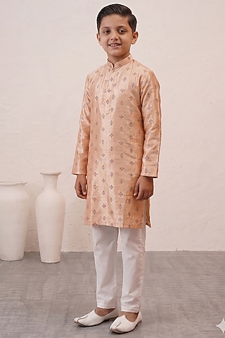 Peach Banarasi Cotton Silk Thread Embroidered Kurta Set For Boys by Zoop Kids