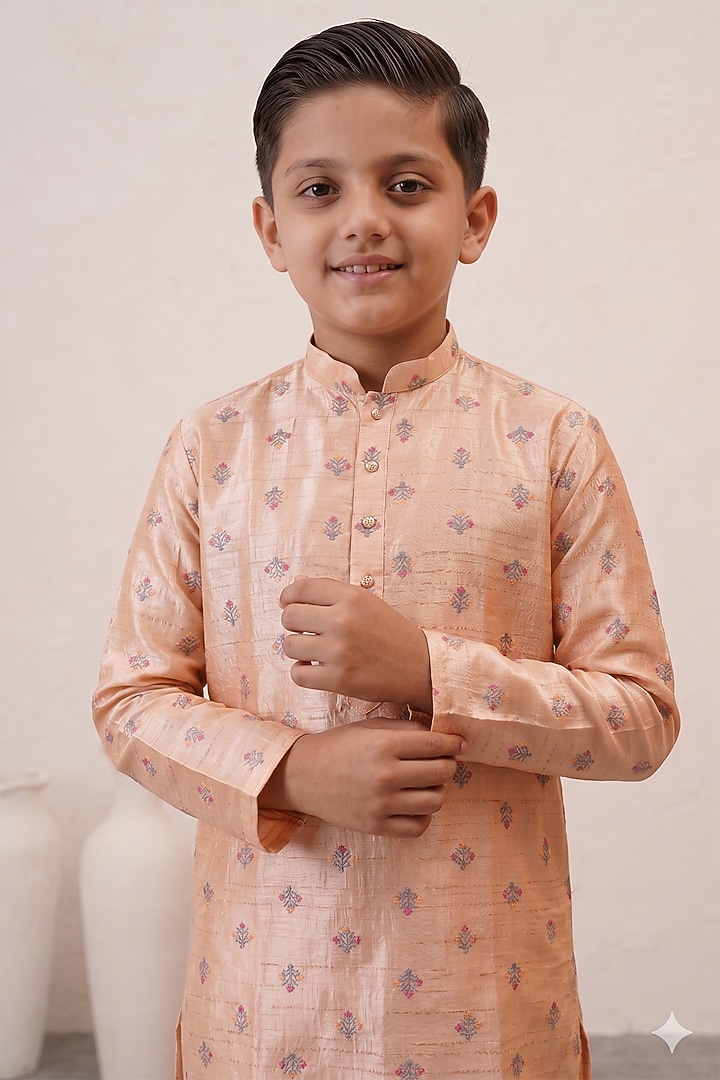 Peach Banarasi Cotton Silk Thread Embroidered Kurta Set For Boys by Zoop Kids at Pernia's Pop Up Shop