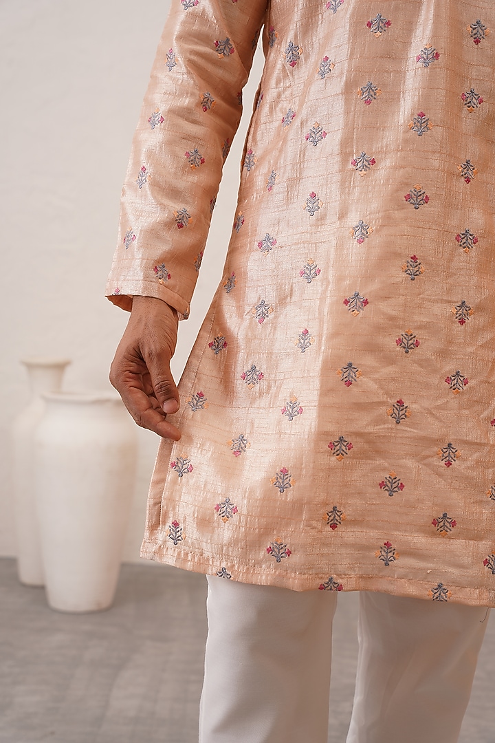 Peach Banarasi Cotton Silk Thread Embroidered Kurta Set For Boys by Zoop Kids at Pernia's Pop Up Shop