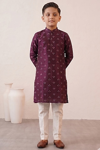 Wine Banarasi Cotton Silk Thread Embroidered Kurta Set For Boys by Zoop Kids