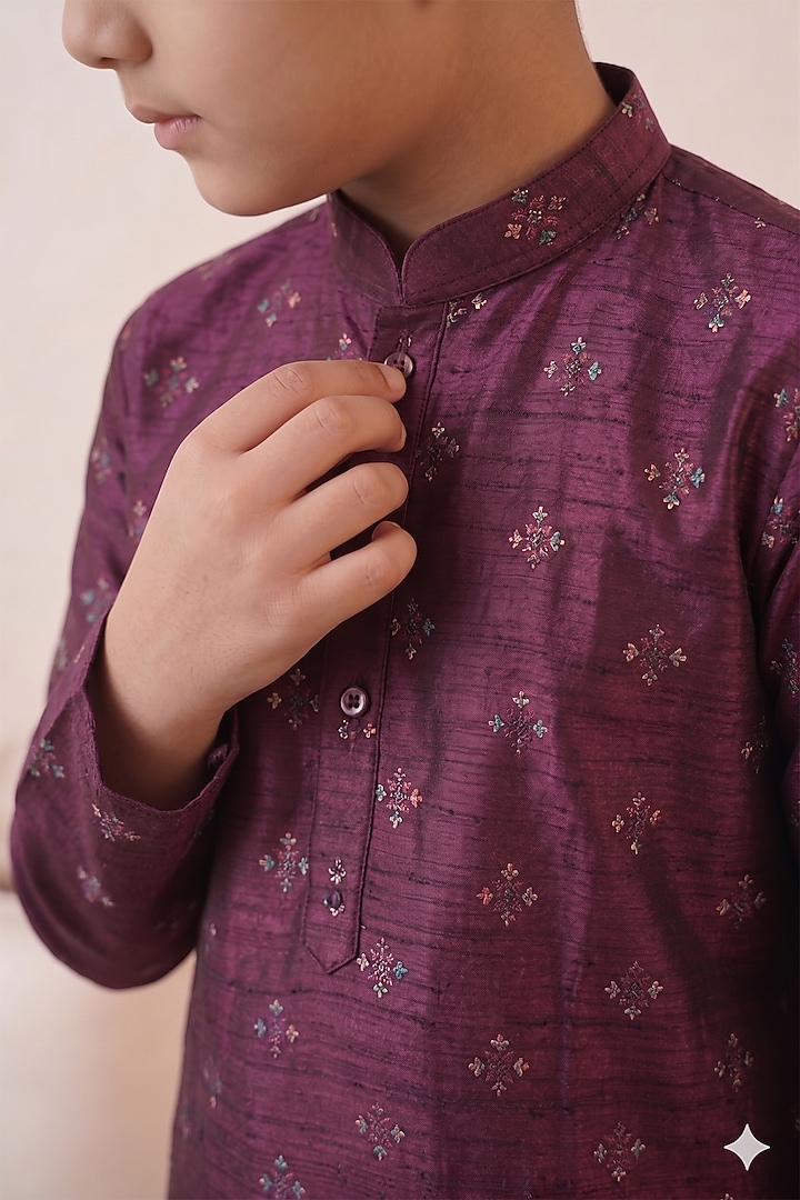 Wine Banarasi Cotton Silk Thread Embroidered Kurta Set For Boys by Zoop Kids at Pernia's Pop Up Shop