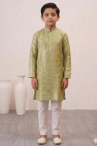 Green Banarasi Cotton Silk Thread Embroidered Kurta Set For Boys by Zoop Kids