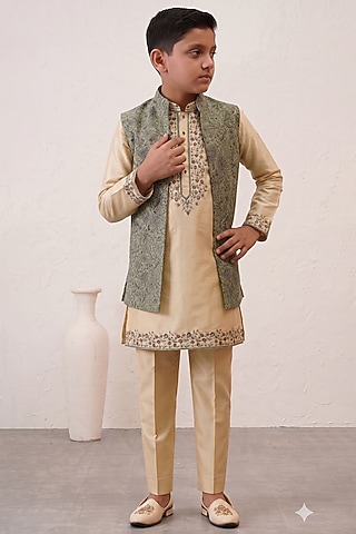Green Embroidered Velvet Front Open Jacket Set For Boys by Zoop Kids