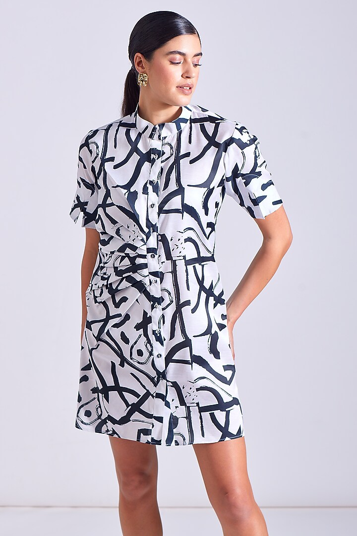 Black & White Linen Satin Mini Summer Dress by Zosia at Pernia's Pop Up Shop