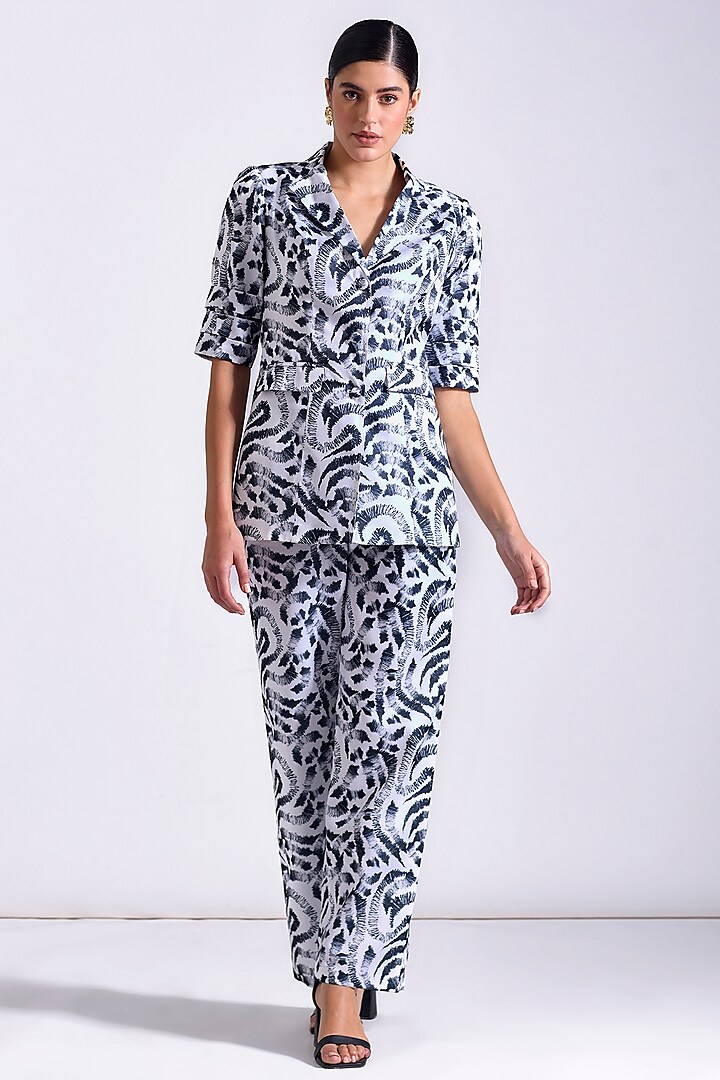 Black & White Linen Satin Printed Blazer Set by Zosia at Pernia's Pop Up Shop