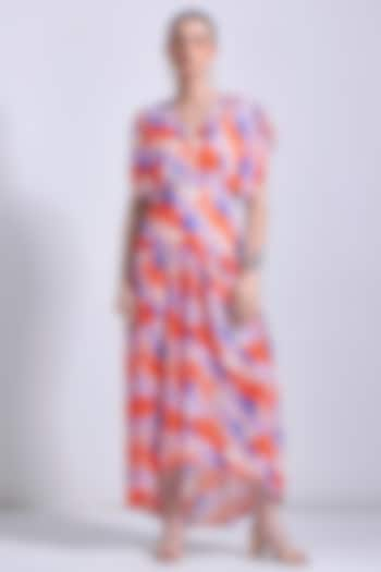 Orange & Blue Linen Satin Georgette Printed High-Low Maxi Dress by Zosia at Pernia's Pop Up Shop