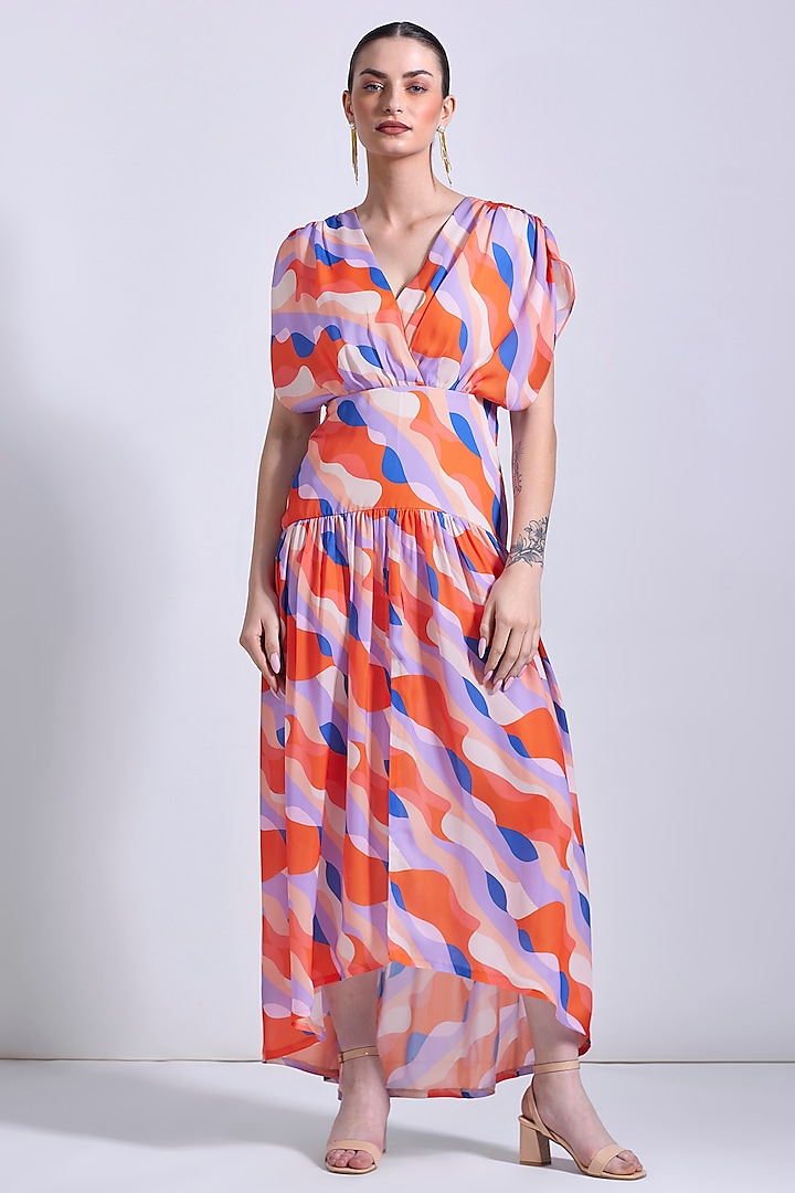 Orange & Blue Linen Satin Georgette Printed High-Low Maxi Dress by Zosia at Pernia's Pop Up Shop