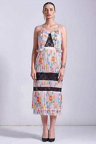 Powder Pink Linen Satin Georgette Printed Pleated Maxi Dress by Zosia