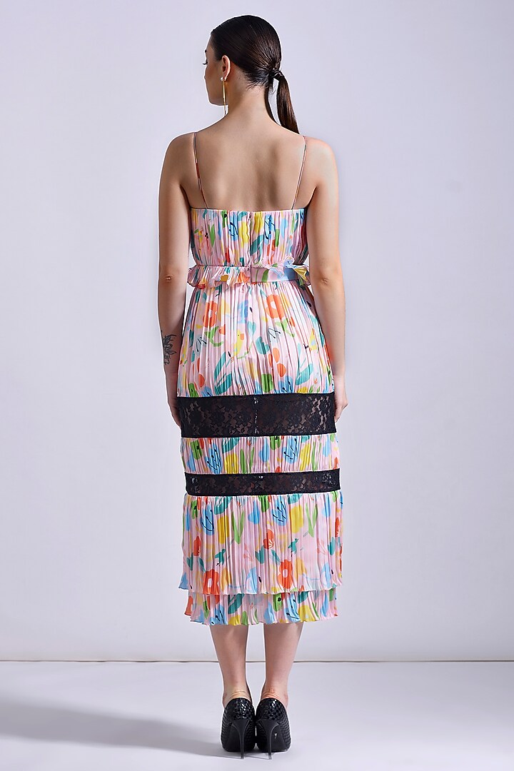 Powder Pink Linen Satin Georgette Printed Pleated Maxi Summer Dress by Zosia at Pernia's Pop Up Shop