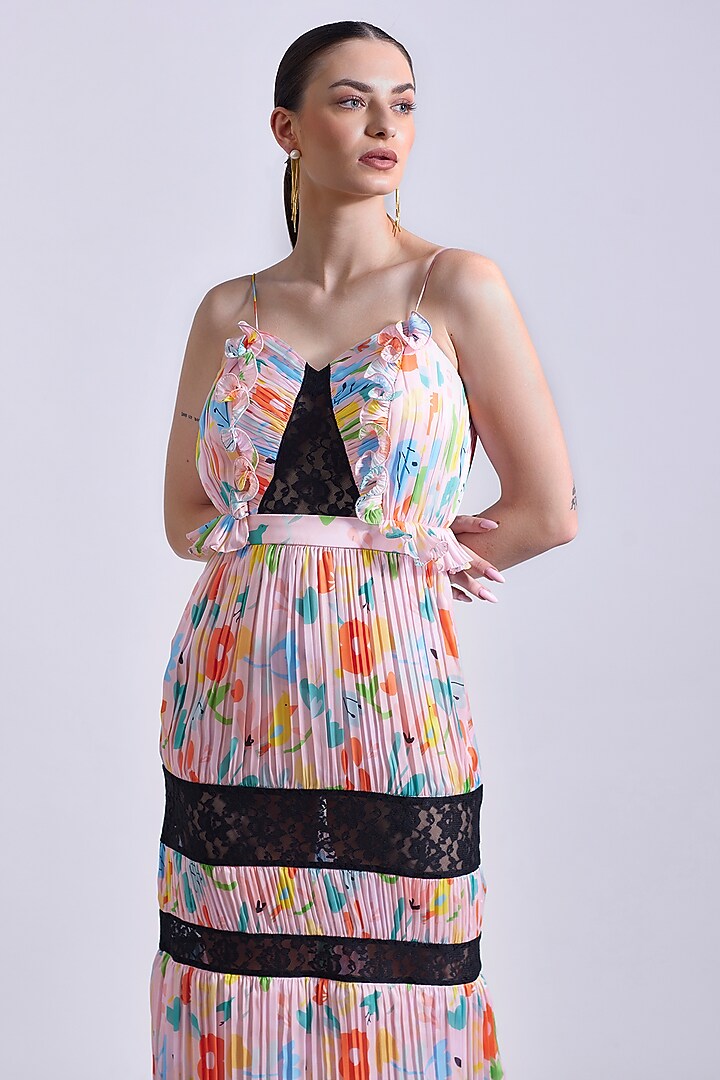 Powder Pink Linen Satin Georgette Printed Pleated Maxi Summer Dress by Zosia at Pernia's Pop Up Shop