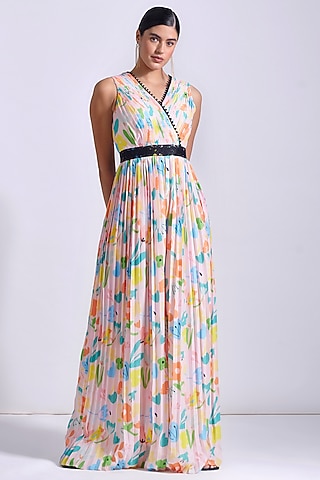 Powder Pink Linen Satin Georgette Printed Pleated Jumpsuit by Zosia
