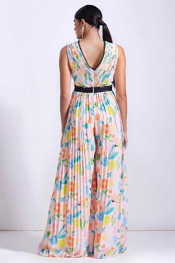 Powder Pink Linen Satin Georgette Printed Pleated Jumpsuit by Zosia at Pernia's Pop Up Shop