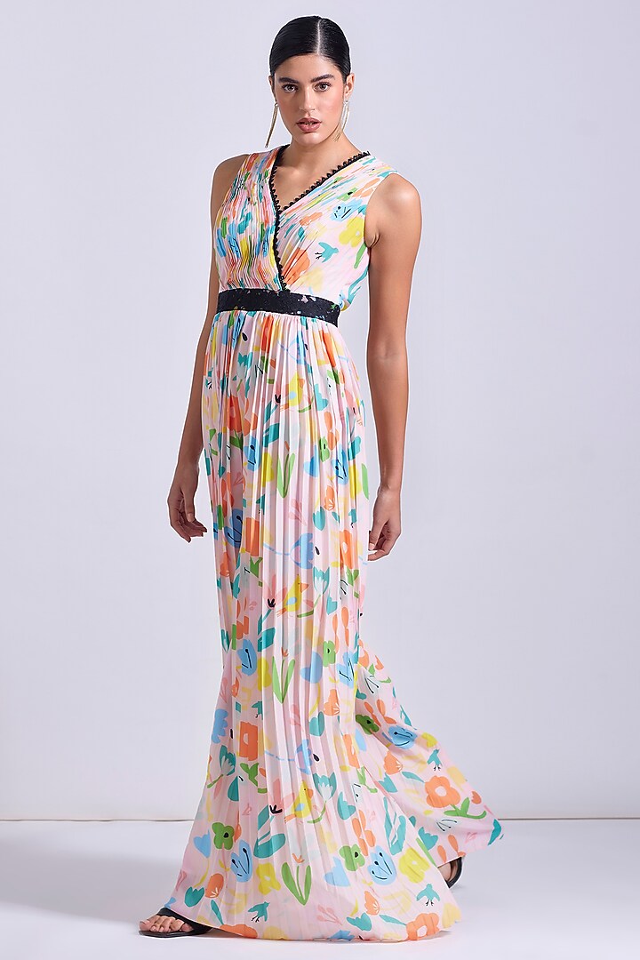 Powder Pink Linen Satin Georgette Printed Pleated Jumpsuit by Zosia at Pernia's Pop Up Shop