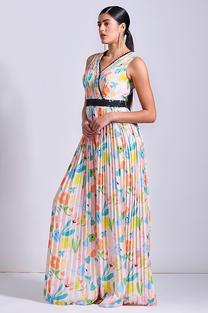 Powder Pink Linen Satin Georgette Printed Pleated Jumpsuit by Zosia at Pernia's Pop Up Shop