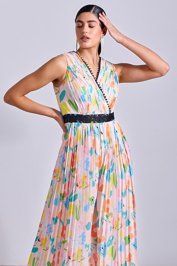 Powder Pink Linen Satin Georgette Printed Pleated Jumpsuit by Zosia at Pernia's Pop Up Shop