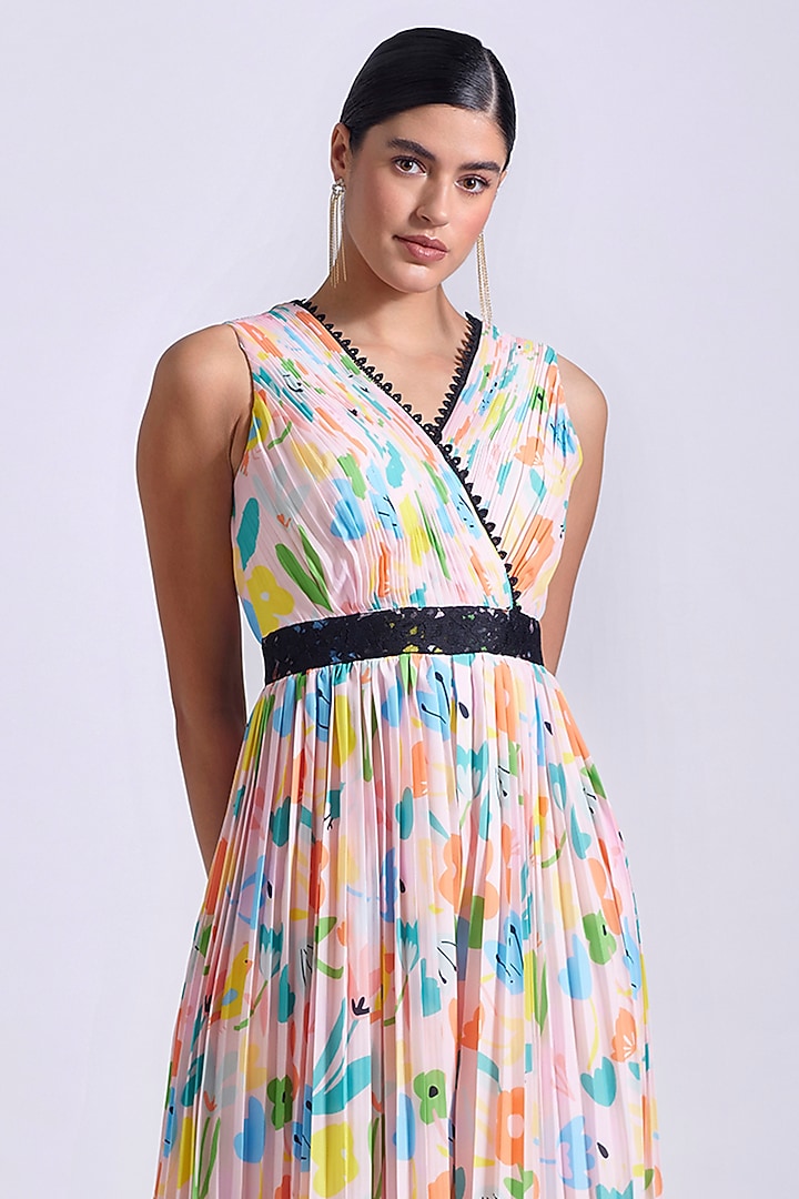 Powder Pink Linen Satin Georgette Printed Pleated Jumpsuit by Zosia at Pernia's Pop Up Shop